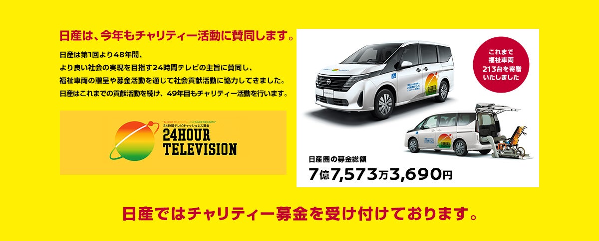 日産は、今年もチャリティー活動に賛同します。 日産は第1回より48年間、より良い社会の実現を目指す24時間テレビの主旨に賛同し、福祉車両の贈呈や募金活動を通じて社会貢献活動に協力してきました。日産はこれまでの貢献活動を続け、49年目もチャリティー活動を行います。 日産ではチャリティー募金を受け付けております。