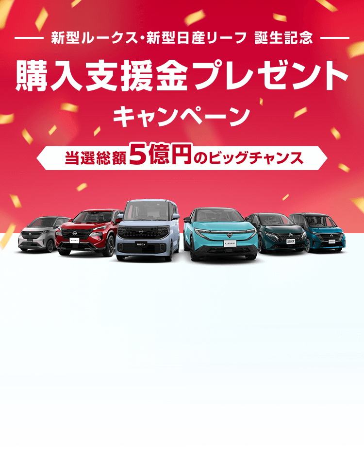 新型ルークス・新型日産リーフ 誕生記念 | 購入支援金プレゼントキャンペーン |当選総額 5億円のビッグチャンス