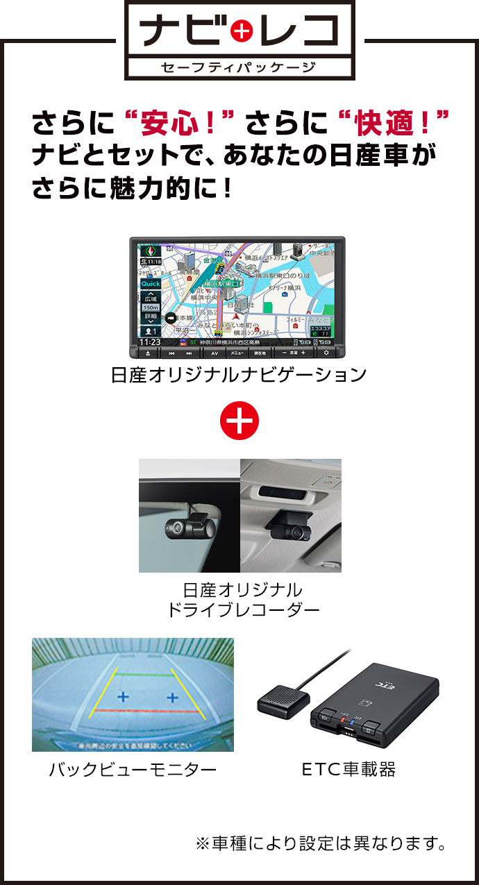 ナビレコ セーフティパッケージ さらに安心！さらに快適！日産純正アイテムをナビとセットで、あなたの日産車がさらに魅力的に！