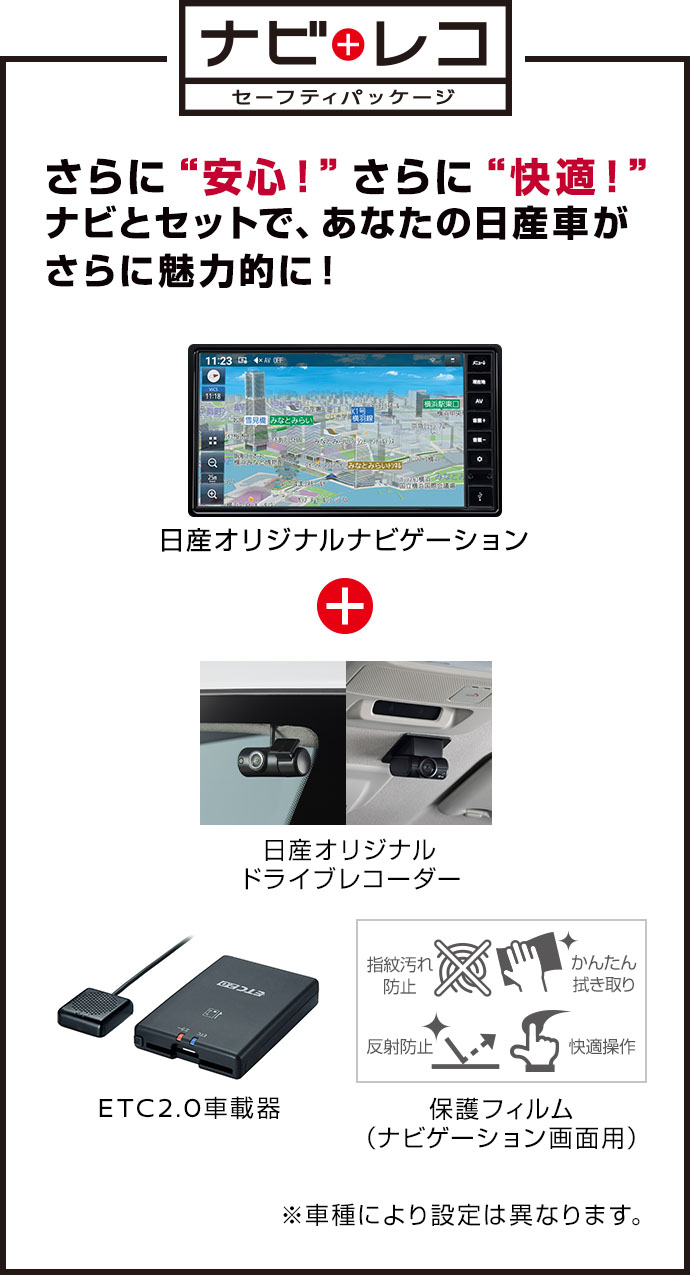 ナビレコ セーフティパッケージ さらに安心!さらに快適!日産純正アイテムをナビとセットで、あなたの日産車がさらに魅力的に!
