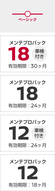 メンテプロパック18 (車検付き)有効期限：30ヶ月／メンテプロパック18 有効期限：24ヶ月／メンテプロパック12 (車検付き)有効期限：24ヶ月／メンテプロパック12 有効期限：18ヶ月