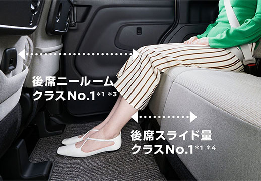 大人でも余裕があるほど足元が広いから、後席でもゆったりくつろげる。