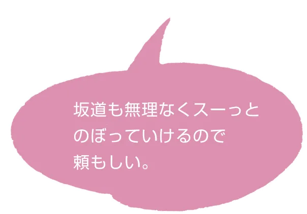 坂道も無理なくスーっとのぼっていけるので頼もしい。