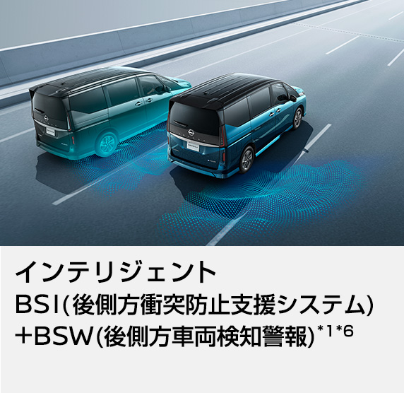 インテリジェント BSI(後側方衝突防止支援システム)+BSW(後側方車両検知警報) *1*6