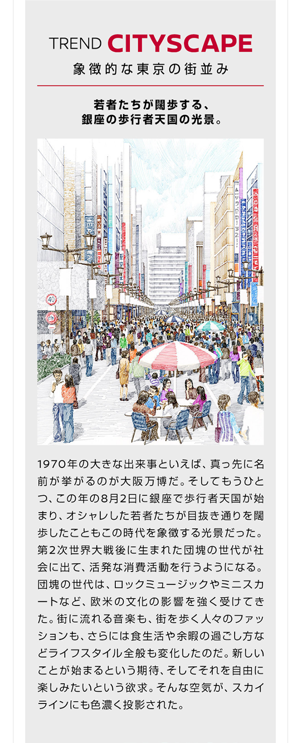 TREND CITYSCAPE 象徴的な東京の街並み 若者たちが闊歩する、銀座の歩行者天国の光景。